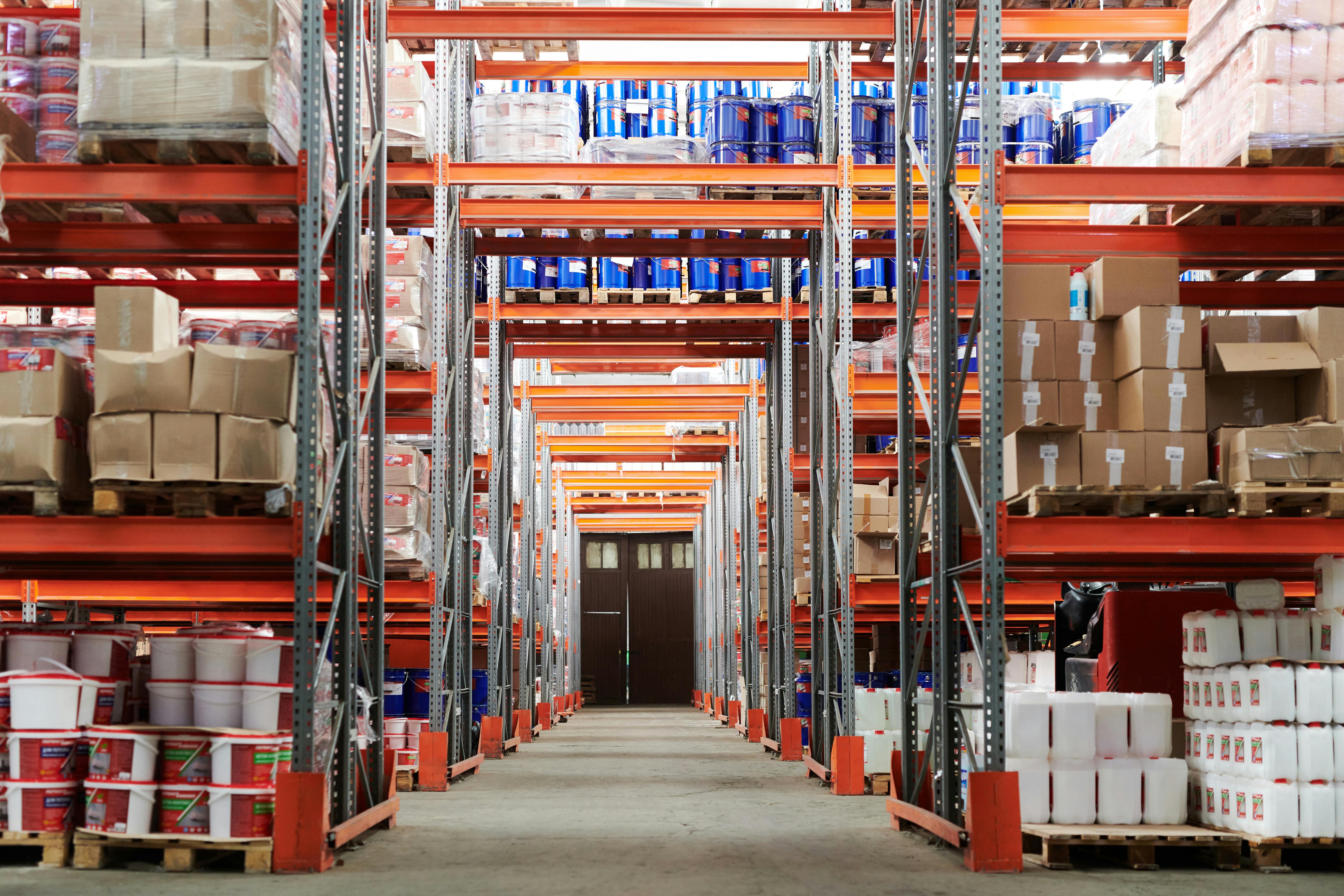 Manufacturing facility with organized inventory shelves